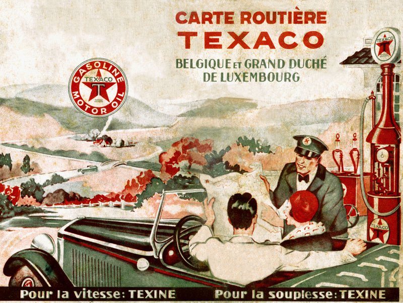 advertising, oil, petrol station, Texaco, filling station attendant explain route to travellers, Belgium, 1920,

