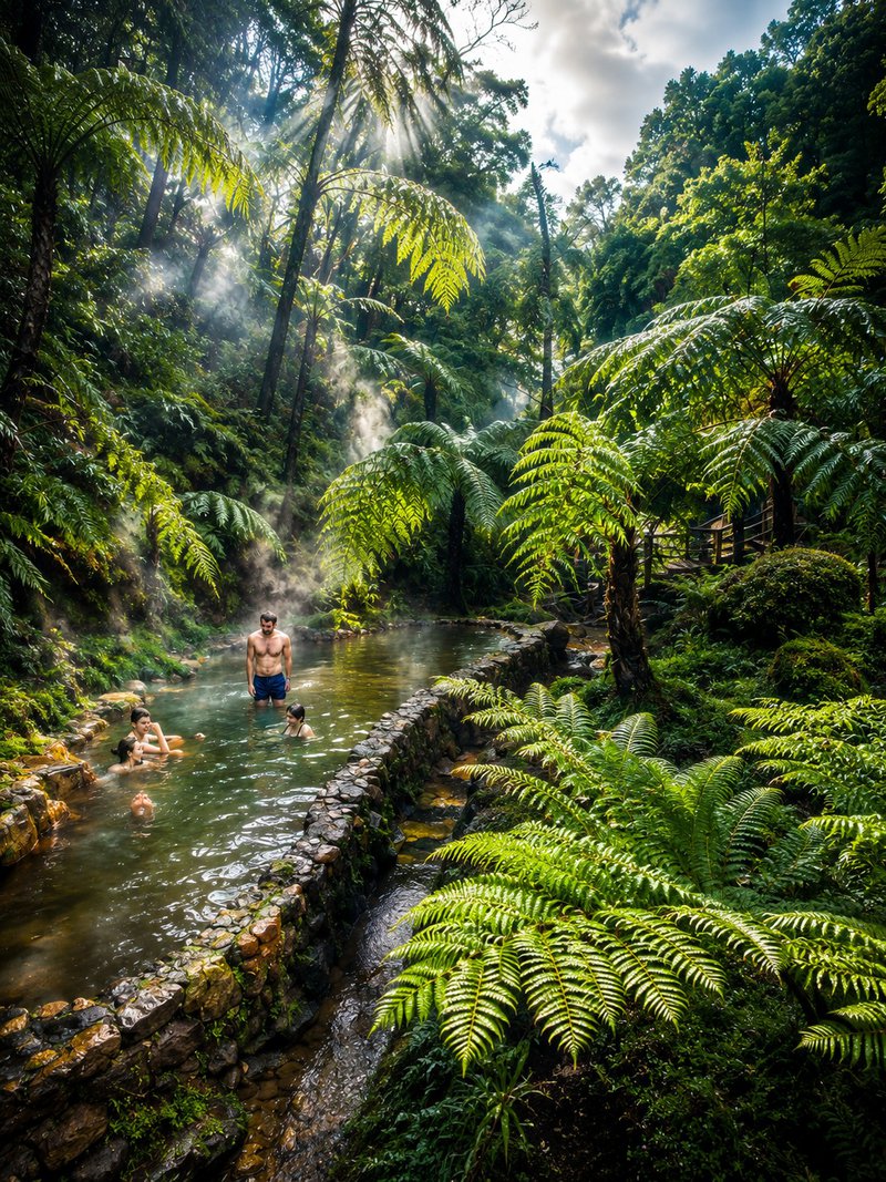 Des gens se baignent dans une source d'eau chaude au cœur de la forêt tropicale - Açores