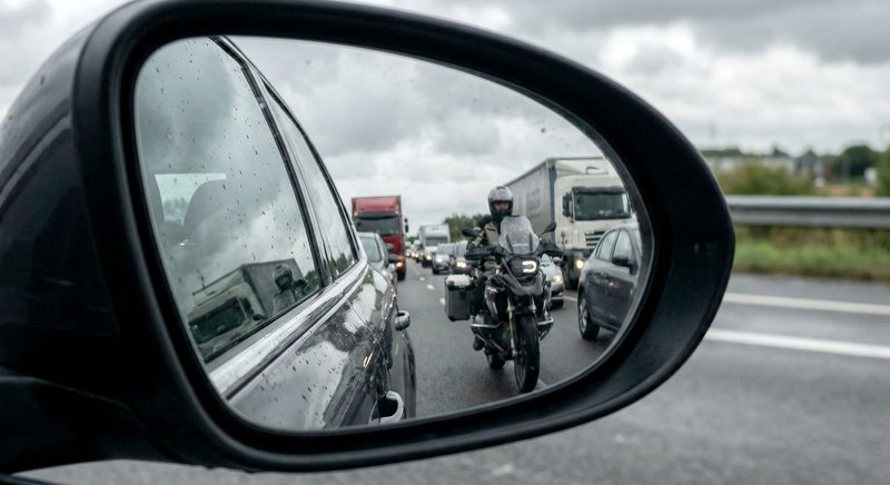 Motorrijder met dimlicht aan tijdens filefilteren voor betere zichtbaarheid in achteruit spiegel auto