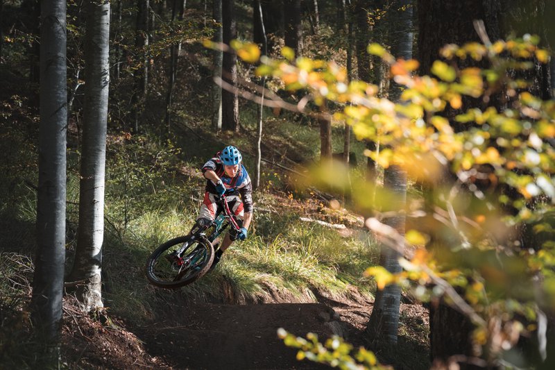 Mountainbiker neemt een scherpe bocht in een bos nabij Freiburg.