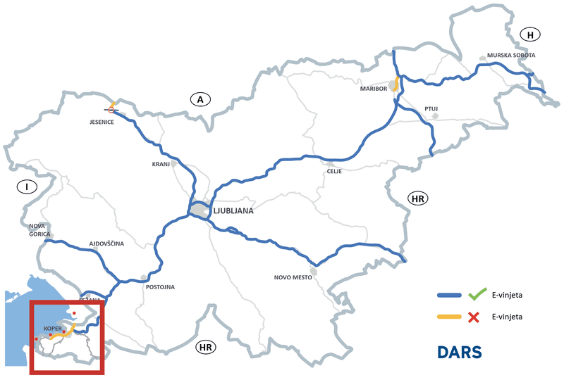 Kaart van Slovenië met de wegen waar het e-vignet verplicht is (in blauw) en de wegen waar er geen vignetplicht is (oranje)