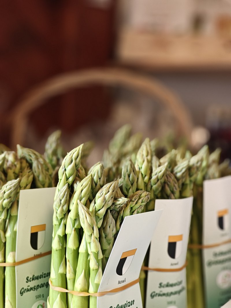 Plusieurs bottes d'asperges sur un étalage.