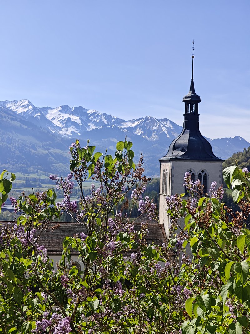 Clocher entouré de végétation, montagnes et ciel bleu en arrière-plan.