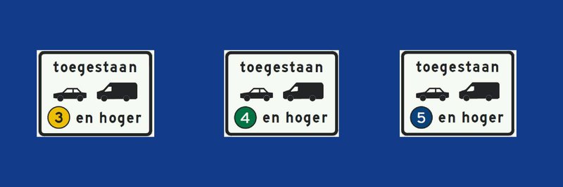 Onderborden van verkeersbord C22a: links: onderbord gele milieuzone, midden: groene milieuzone, midden blauwe milieuzone