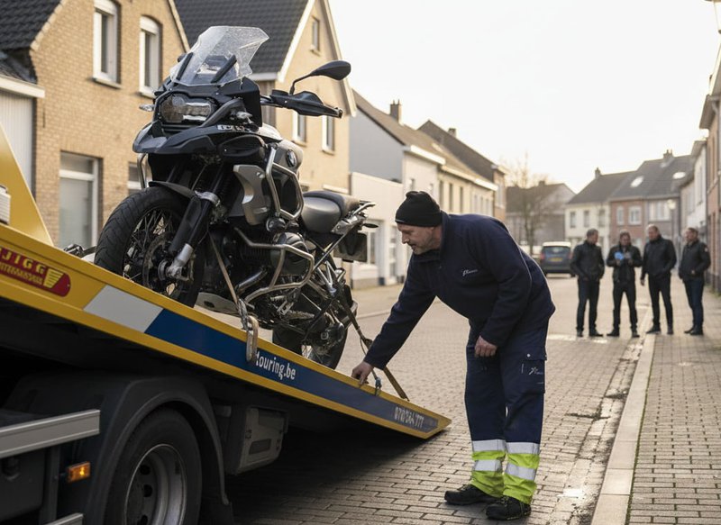 Un dépanneur routier charge une moto BMW sur une dépanneuse dans une rue.