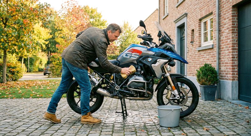 Un homme lave sa moto devant sa maison juste avant l'hivernage.