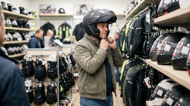 Un homme essaie un casque moto modulable et attache la jugulaire dans un magasin spécialisé.