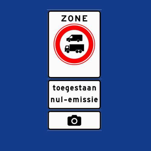 Zone gesloten voor bedrijfs- en vrachtauto’s vanwege nul-emissiezone (C22c) met 	 Onderbord: nul-emissiezone toegankelijk voor emissieloze bedrijfs- en vrachtauto’s (C22c1) en een onderbord dat u verwittigd dat de controle uitgevoerd wordt via camera's die kentekens registreren
