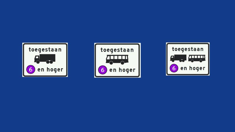 Onderborden bij verkeersbord C22a: links: milieuzone toegankelijk voor vrachtauto’s emissieklasse 6 - midden: milieuzone toegankelijk voor bussen emissieklasse 6 - rechts:  milieuzone toegankelijk voor vrachtauto’s en bussen emissieklasse 6