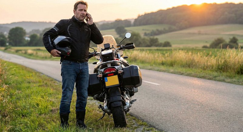 Panne: un motard est au téléphone, debout à côté de sa moto sur une route de campagne, son casque à la main.