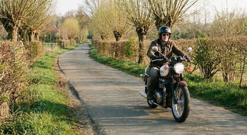 Motard roulant tranquillement sur une petite route de campagne au printemps.