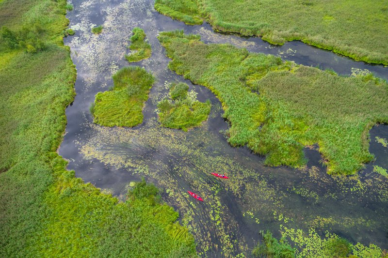 Vue aérienne sur deux kayaks sur une rivière entourée de verdure.