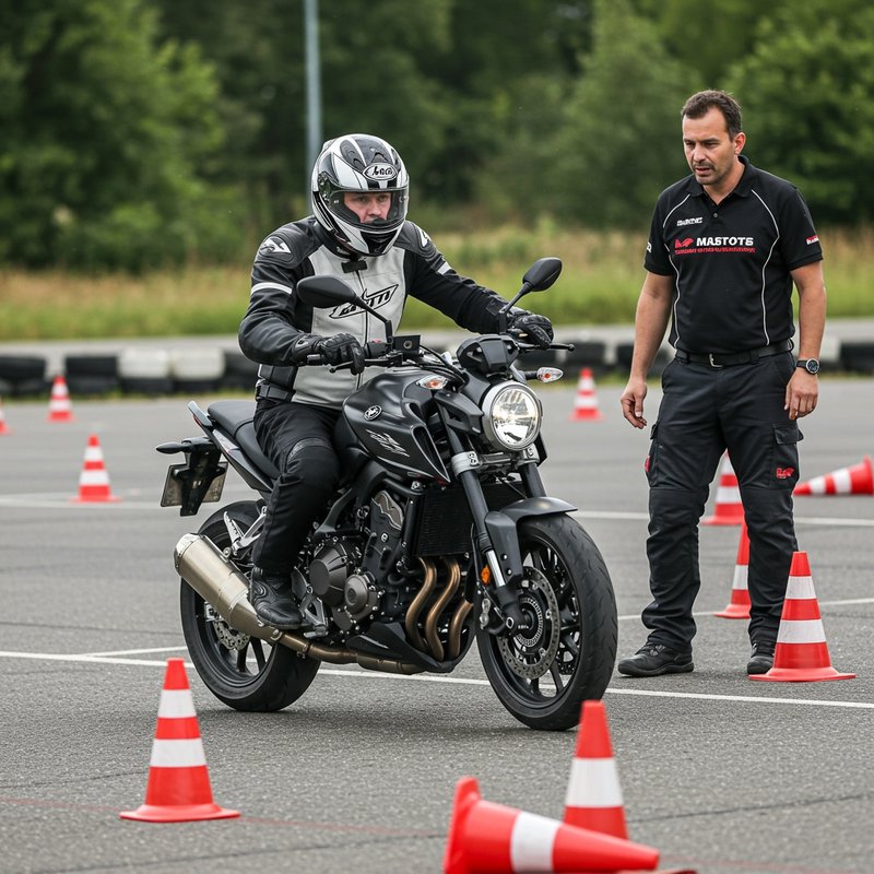 Motorrijbewijs oefeningen: een motorrijder oefent remmanoeuvres op een oefenterrein terwijl een instructeur toekijkt