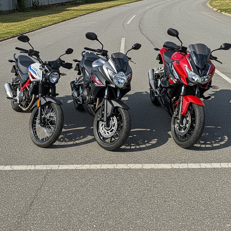 Trois motos côte à côte de face sur une route asphaltée.