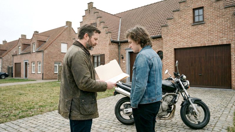 Contrat de vente: deux personnes debout à côté d'une moto devant une maison, lisant un contrat pour la vente d'une moto.