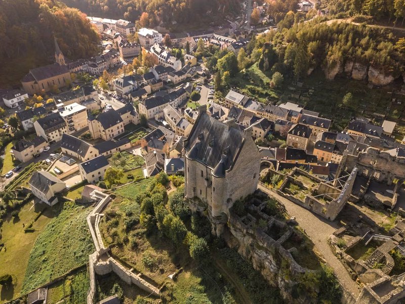 Luchtfoto van een dorpje met centraal een groot kasteel.