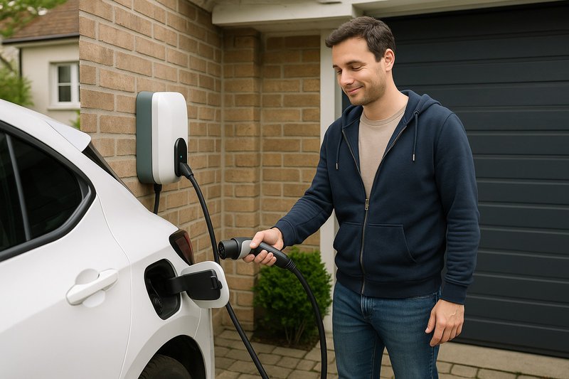 een man steekt een stekker in een elektrische auto