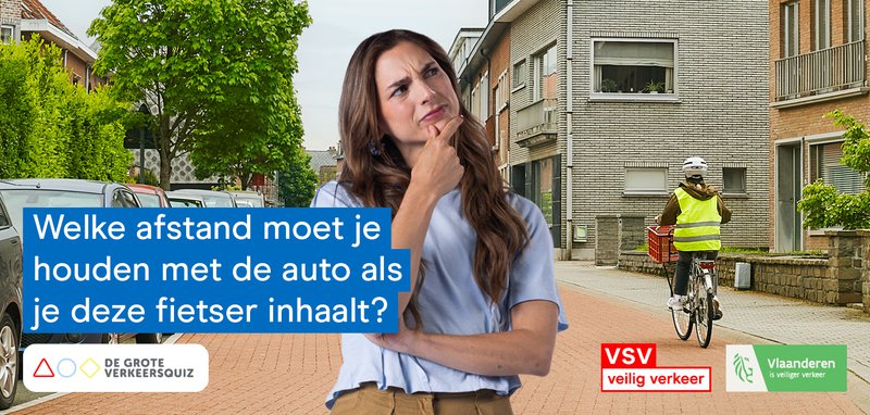 vrouw peinzend in een straat waar een fietser rijdt. Beeld van de Grote Verkeersquiz